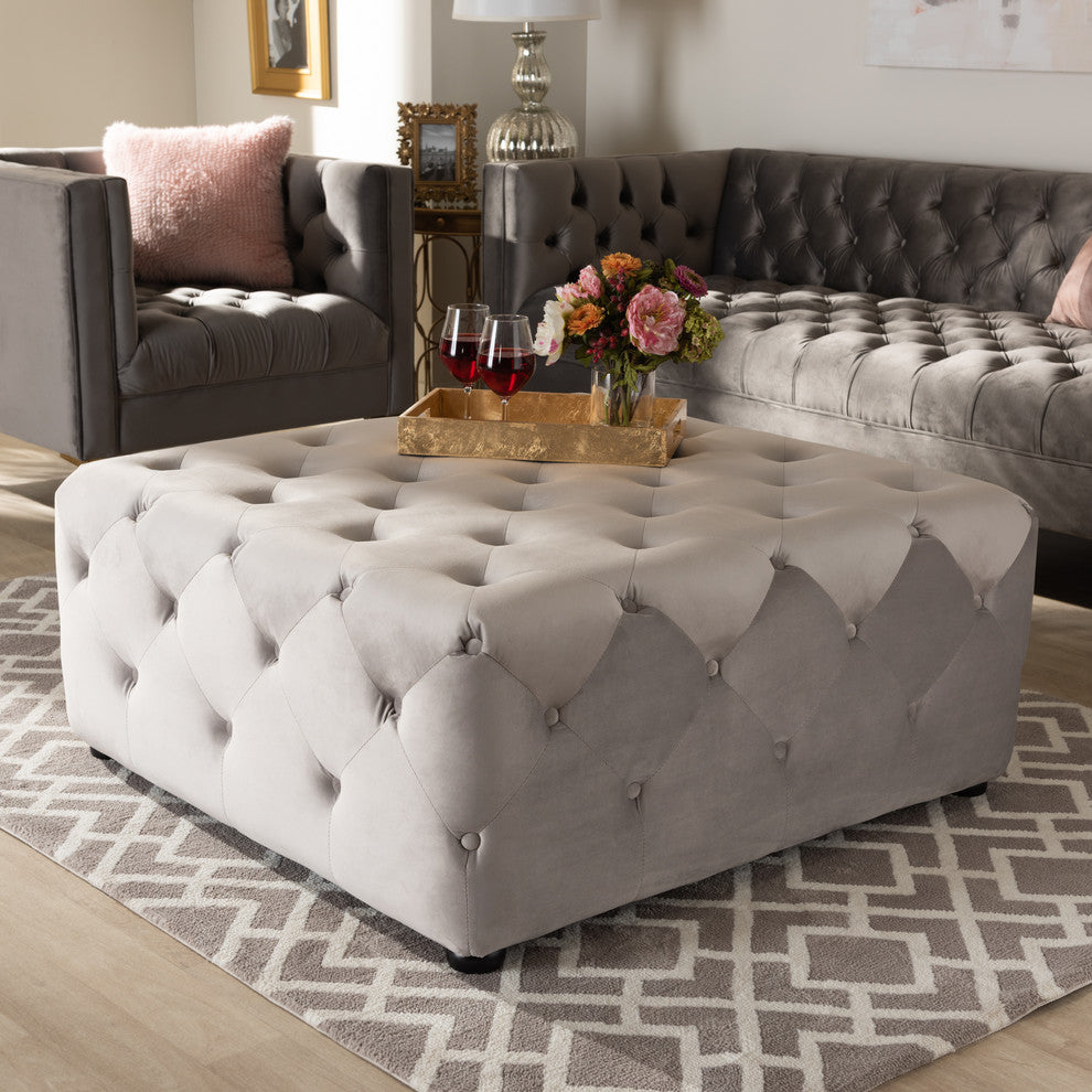 Karson Slate Gray Velvet Fabric Button-Tufted Cocktail Ottoman