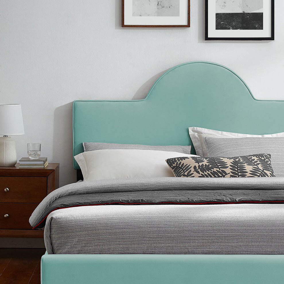 Platform Bed Frame, Queen Size, Blue, Velvet, Modern, Bedroom Guest Suite