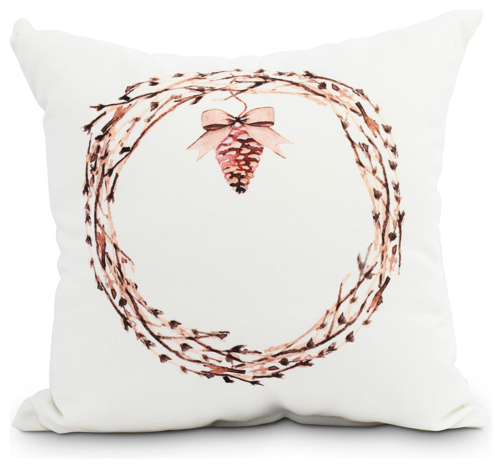 Natural Wreath Holiday Print Decorative Outdoor Throw Pillow, Off White , 16"