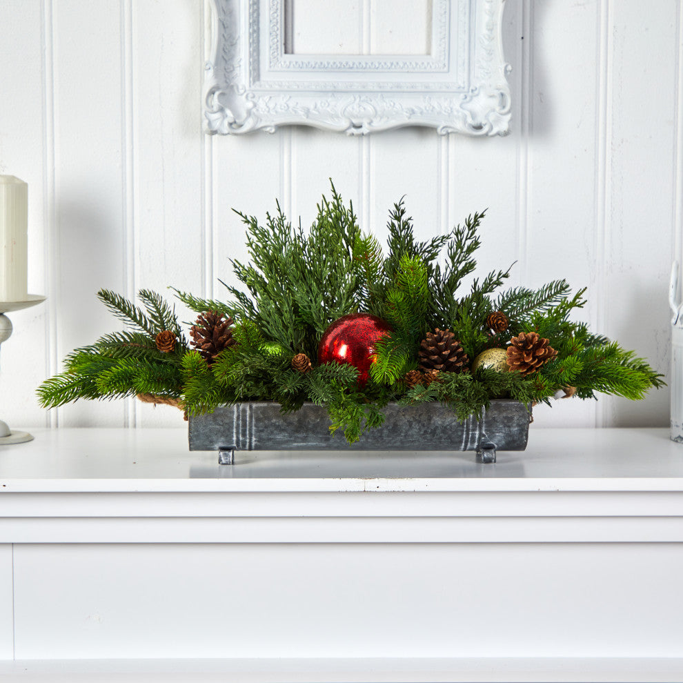 24" Cedar Pine, Pinecones and Ornaments Faux Christmas Arrangement, Tin Vase