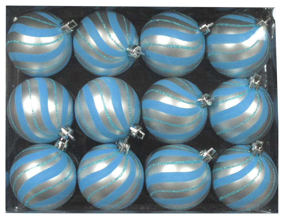 Aqua Ball Ornament With Aqua Sprial Design, 12-Pack