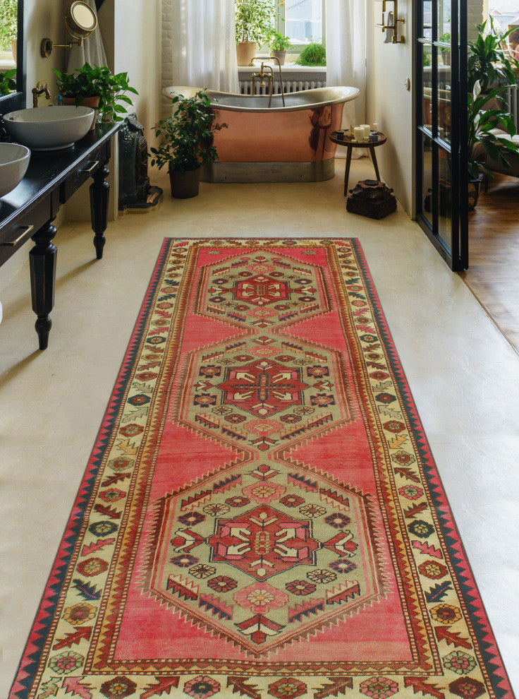 Fine Vintage Distressed Wazma Pink/Burgundy Runner, 3'9x10'0