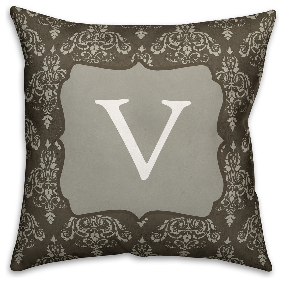 V Dark Gray Damask Monogram Spun Poly Pillow, 18x18