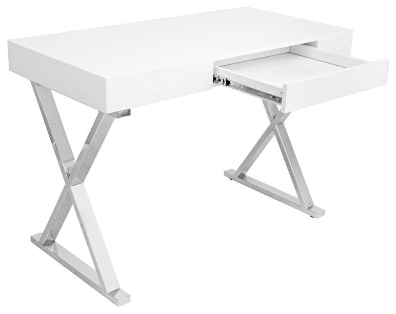 Contemporary Desk, X-Shaped Chrome Metal Legs & Handless Storage Drawer, White