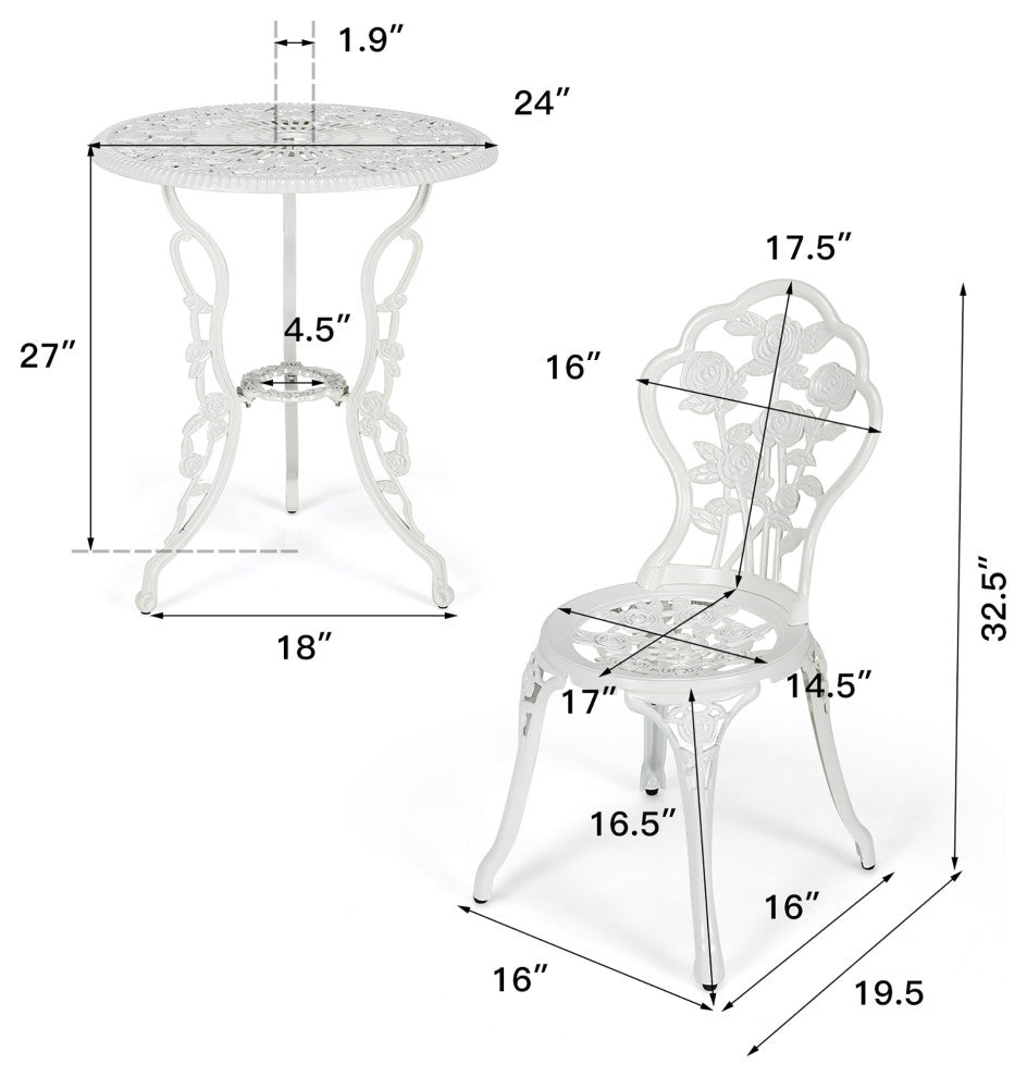 Costway 3PCS Cast Aluminum Patio Bistro Furniture Set Rose Design Outdoor White