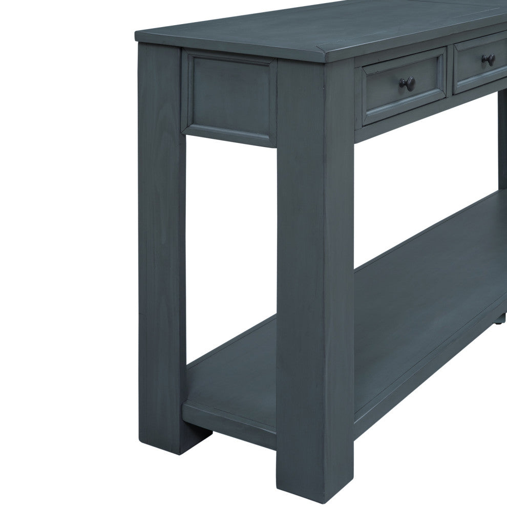TATEUS 63" Console Table Hallway Sofa Table With Storage Drawers Bottom Shelf, Navy