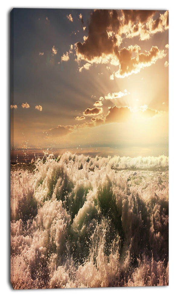 Troubled White Waves on Beach, Seascape Canvas Art Print, 16"x32"