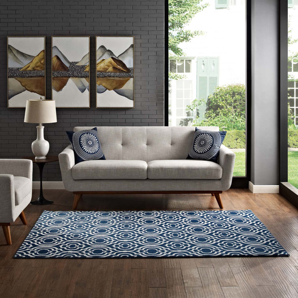 Moroccan Blue and Ivory Frame Transitional Moroccan Trellis 8x10 Area Rug