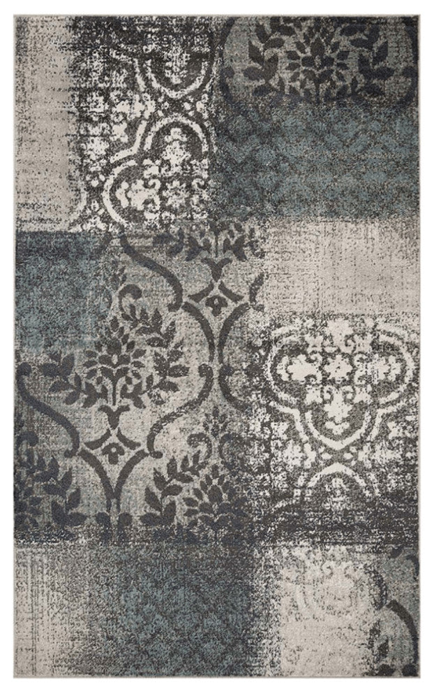 8' X 10' Teal And Gray Damask Distressed Stain Resistant Area Rug