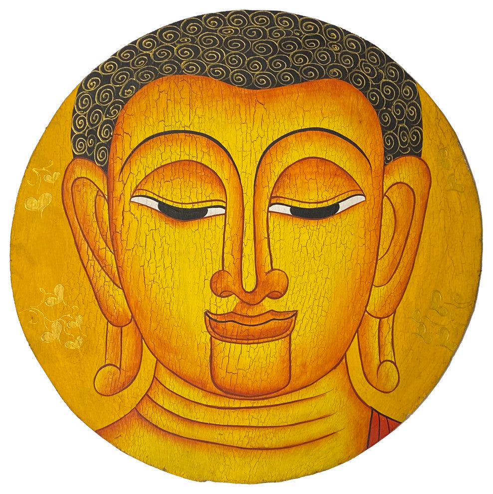 Round Golden Yellow Buddha Head Graphic Wood Art Plaque Panel Hws3216