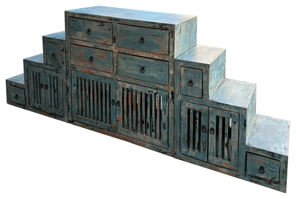 Distressed Pastel Blue Triangle Step Tansu Cabinet Display Room Divider Hws4357