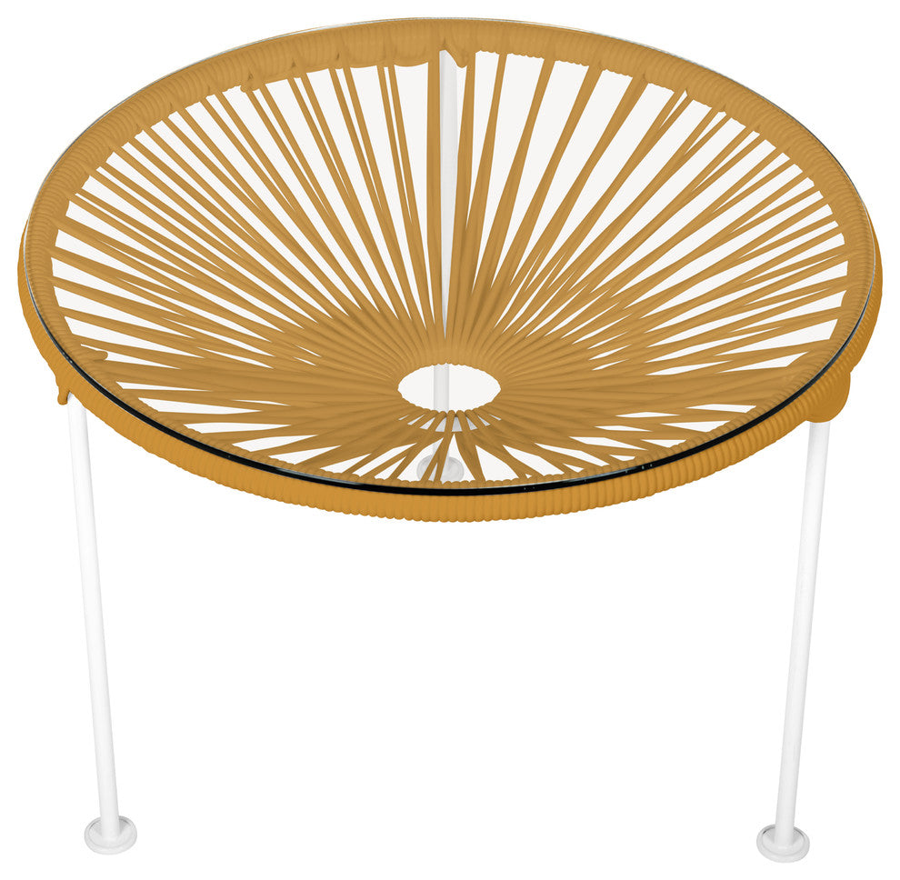 Zicatela Indoor/Outdoor Handmade Side Table, Caramel Weave, White Frame
