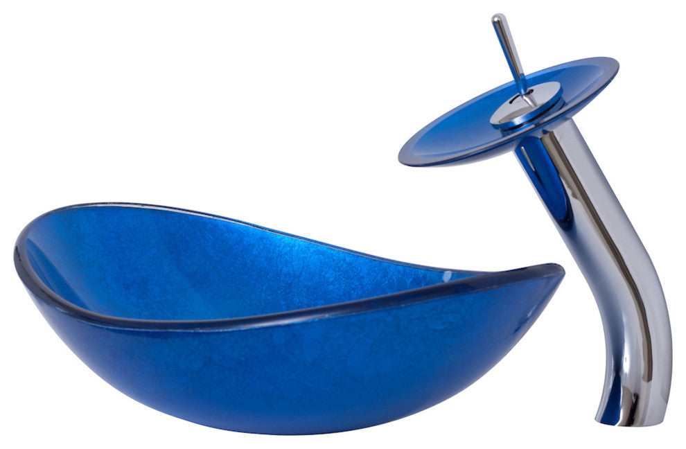 Azzurro Slipper Blue Foiled Glass Vessel Bathroom Sink Combo with Faucet Drain, Chrome