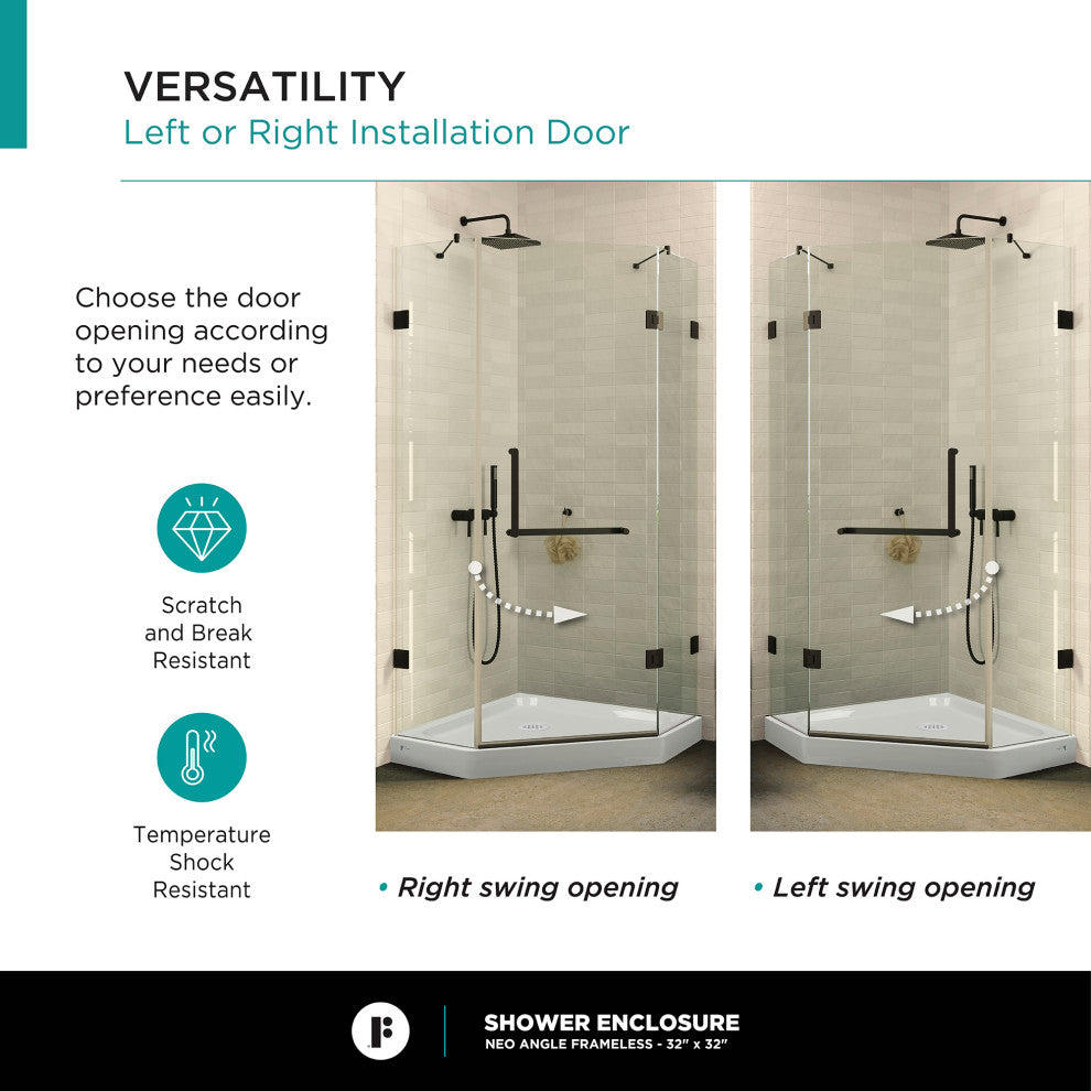 Shower Enclosure Neo Angle Frameless Tempered Glass, Black, 30" X 30"