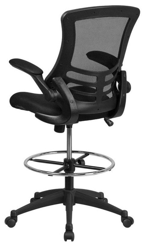 Mid-Back Black Mesh Drafting Chair with Adjustable Foot Ring and Flip-Up Arms