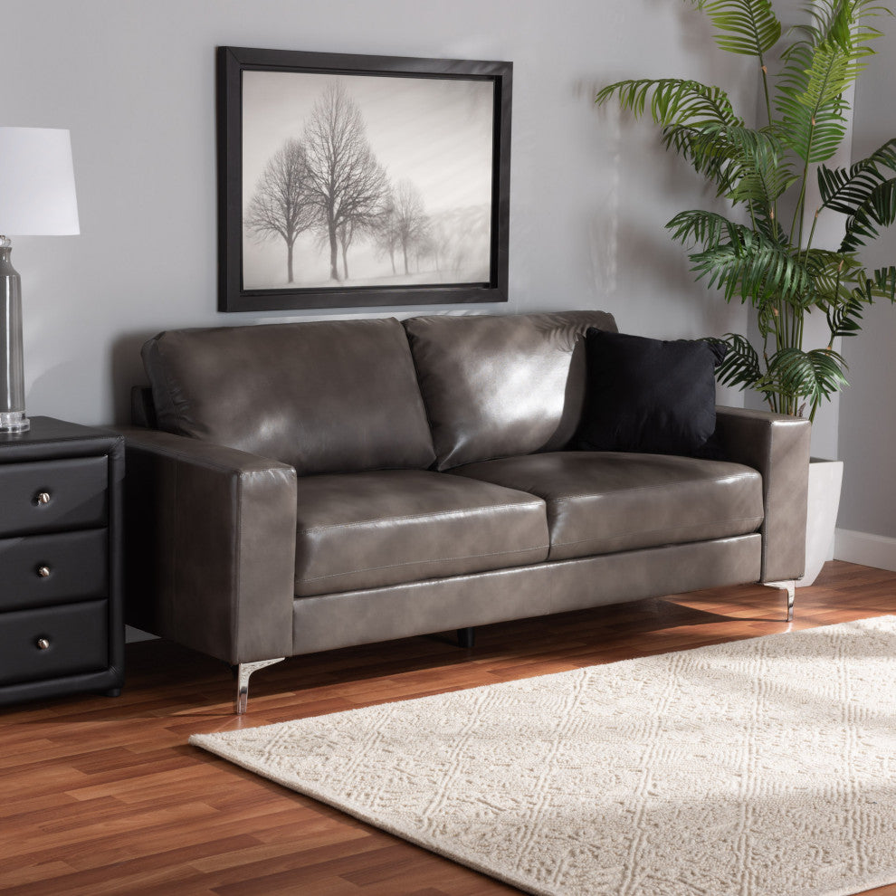Rayan Modern Grey Faux Leather Upholstered Silver Finished Metal Loveseat