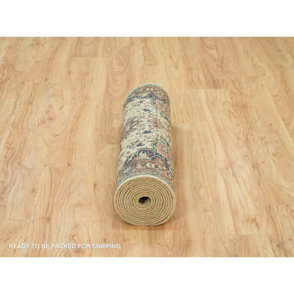 Beige Heris Re-Creation Soft Wool Hand Knotted Runner Oriental Rug, 2'8"x12'3"