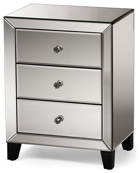Chevron Hollywood Glamour Style Mirrored 3-Drawers Nightstand