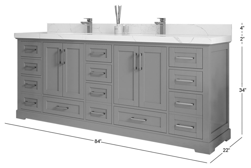 Boston 84" Double Sink Bath Vanity in Elephant Skin Gray 2" Calacatta Sienna
