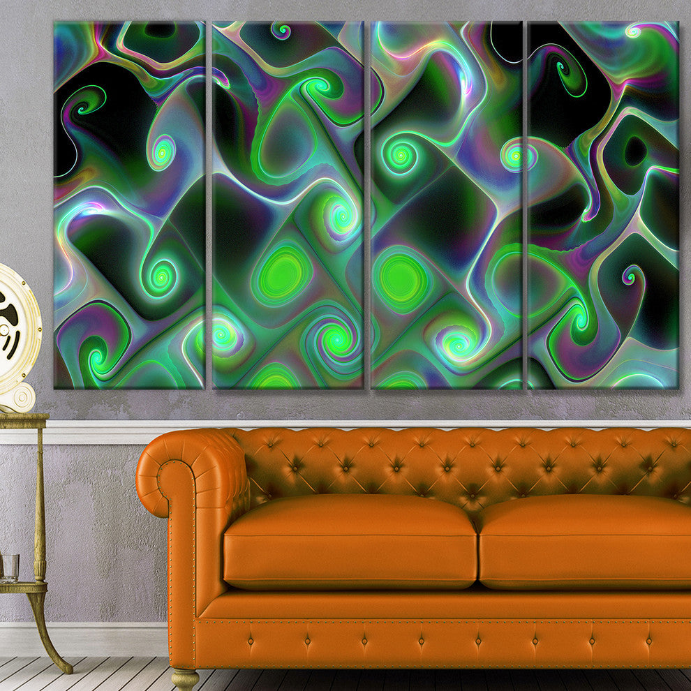 Dark Green Fractal Swirls, Abstract Wall Art Canvas, 48"x28", 4 Panels