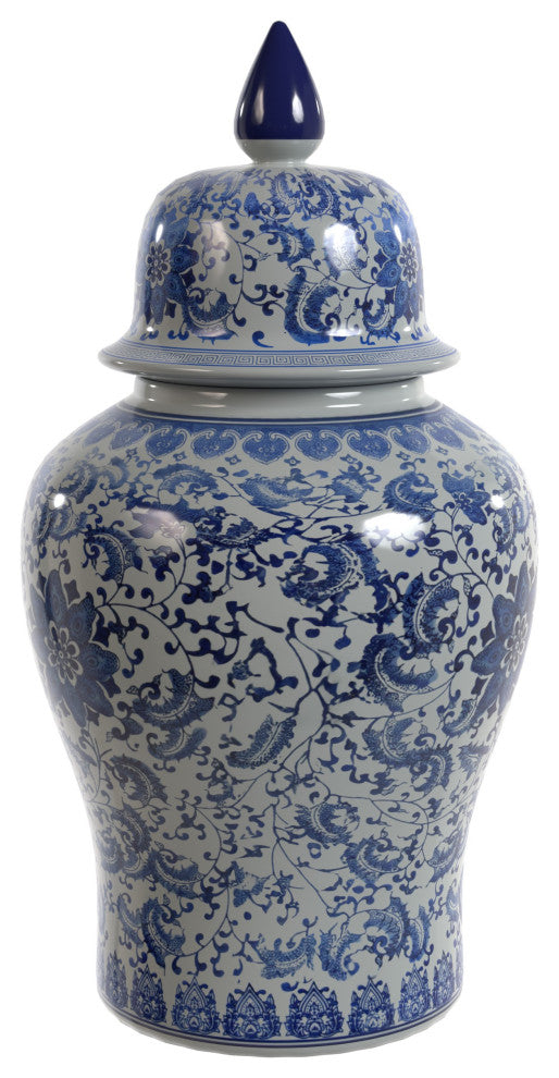 24" Floral Blue and White Porcelain Temple Jar