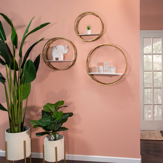 Metal Round Wall Shelves, White and Gold
