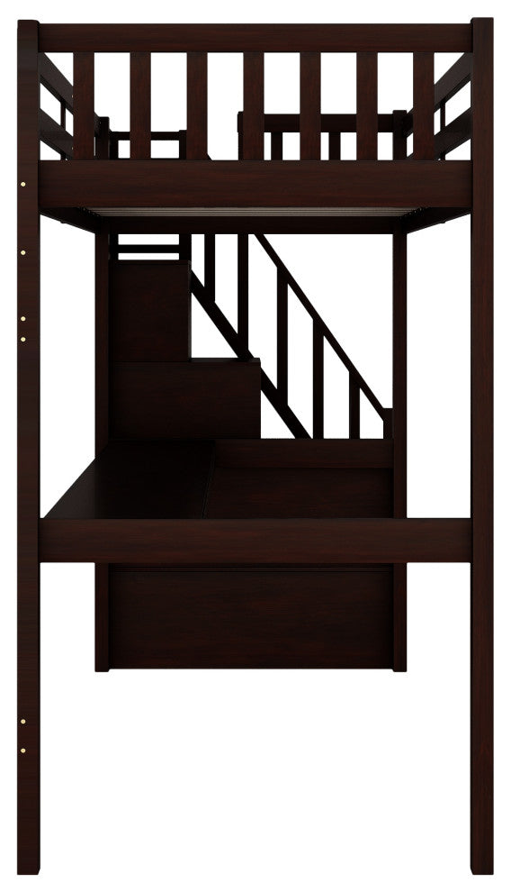 Gewnee Twin Size Loft Bed with Staircase and Built-in Desk in Espresso