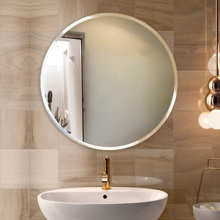 Round Beveled Polished Frameless Wall Mirror With Hooks, 36"