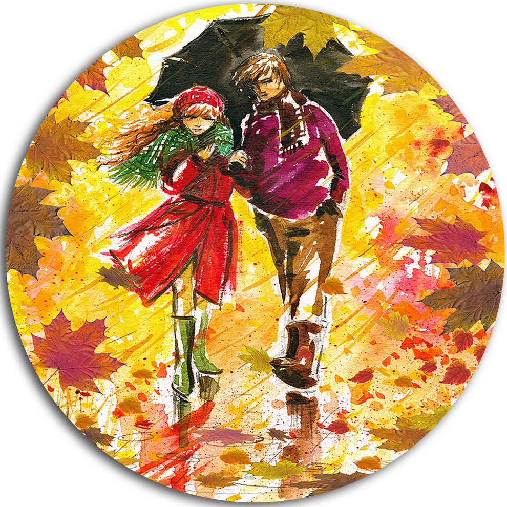 Autumn Walk Of Couple, Landscape Large Disc Metal Wall Art, 11"