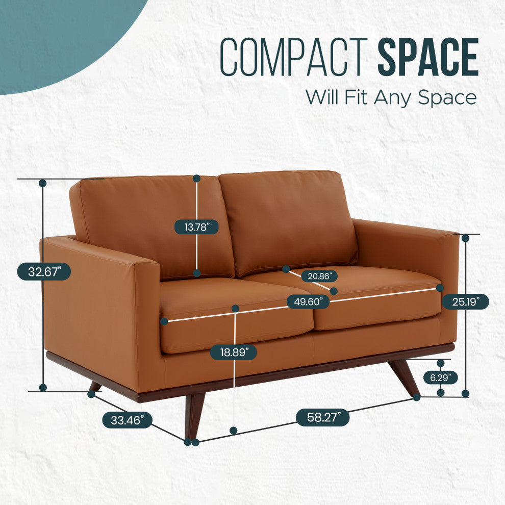 LeisureMod Chester Modern Leather Loveseat With Birch Wood Base, Cognac Tan