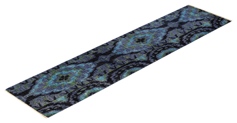 Modern, One-of-a-Kind Hand-Knotted Area Rug Blue, 2'7"x10'3"