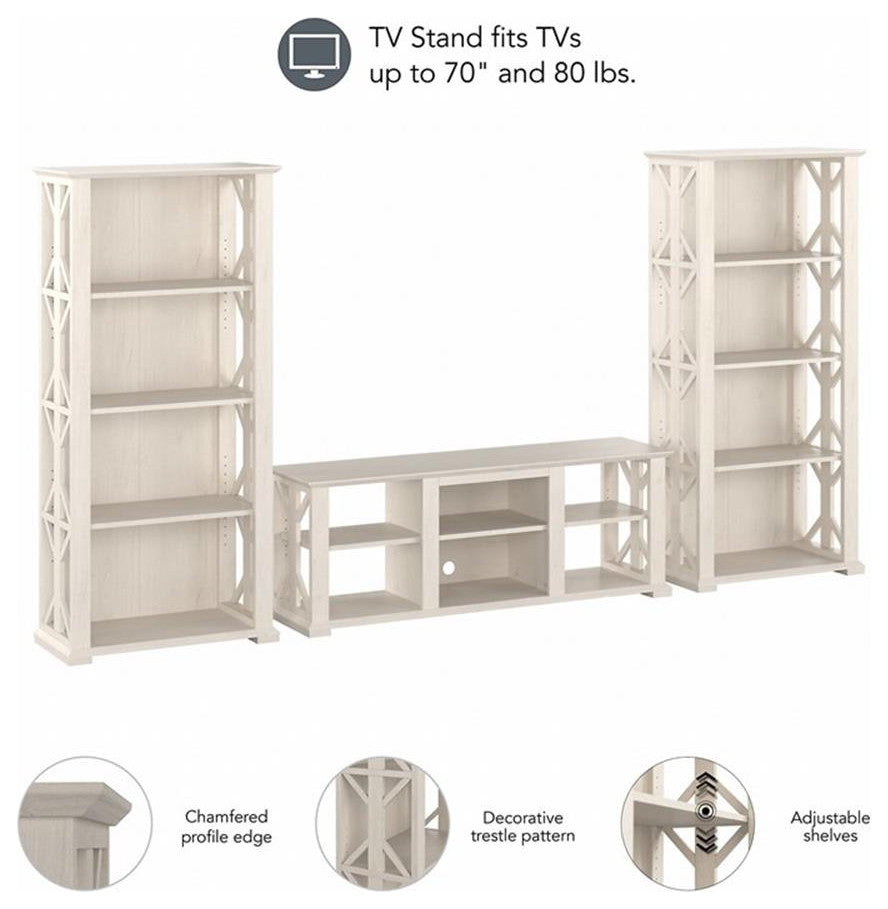 Homestead Farmhouse TV Stand with Bookcases in Linen White Oak - Engineered Wood
