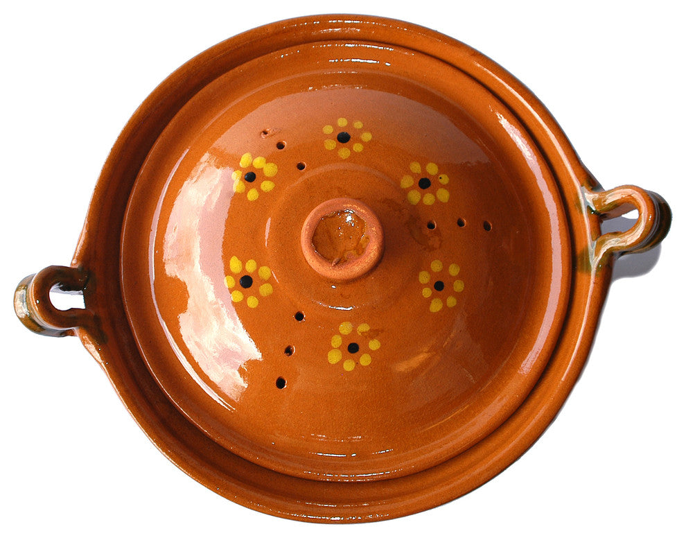 Ancient Cookware, Mexican Clay Lidded Cazuela Pot, 11.5x15x7