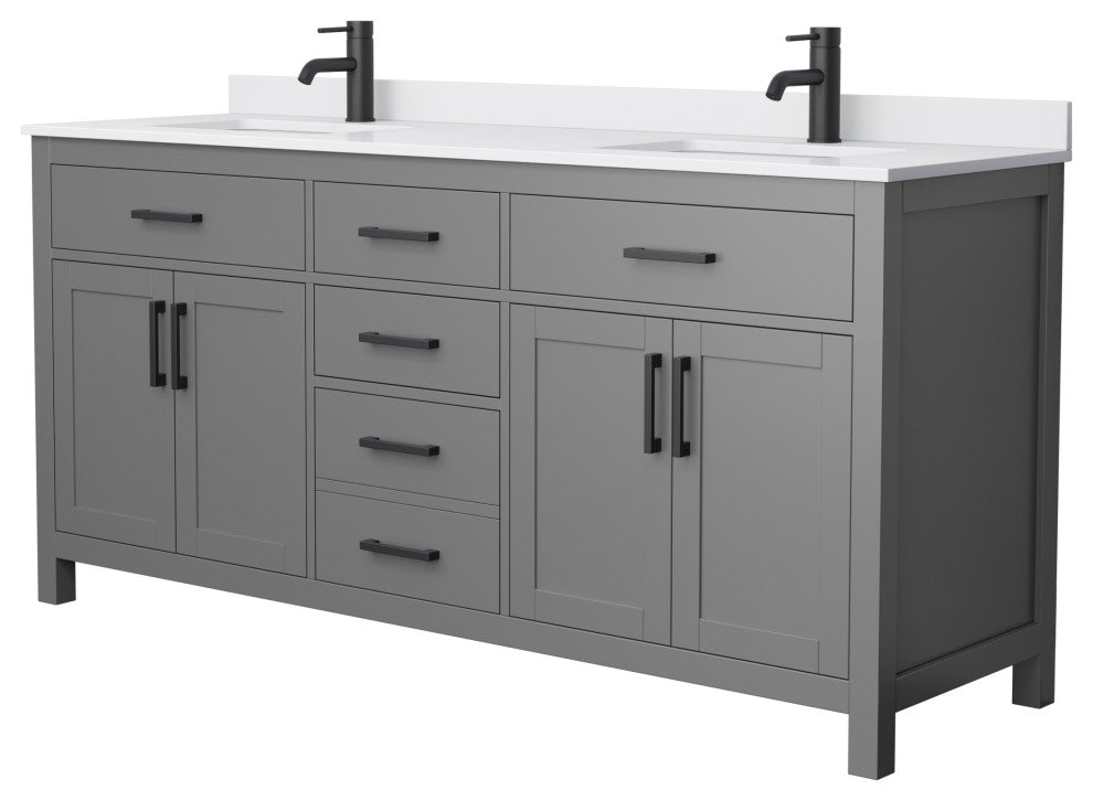 72"DBL Vanity Dark Gray, White Cult. Marble Countertop, Sinks, Black Trim