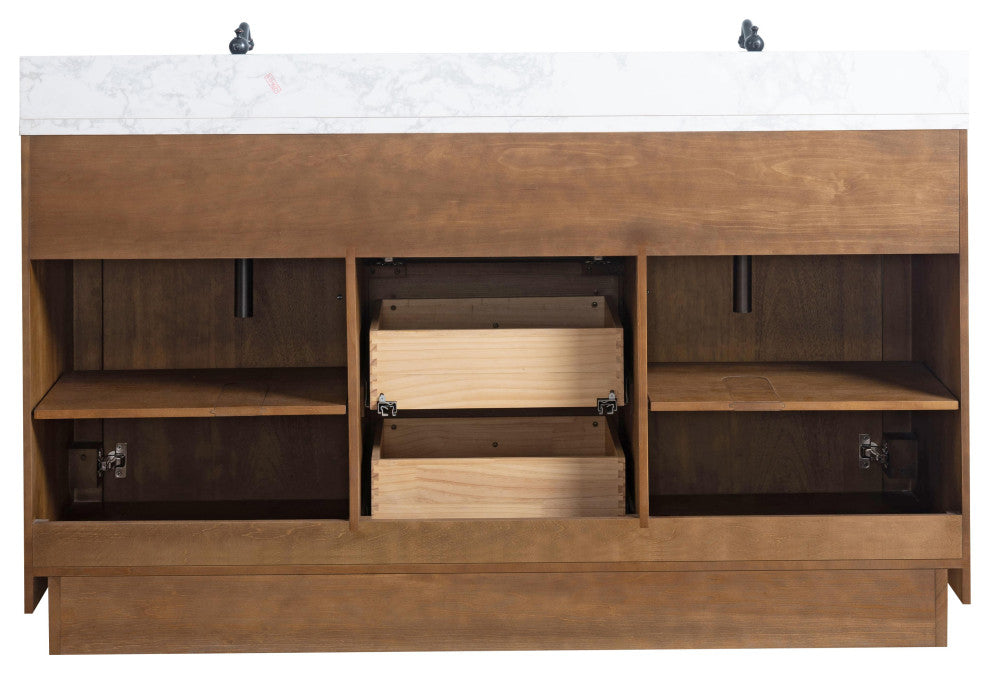Vanity Art Bathroom Vanity With Sink, Tan, 60" Double, Arabescato White Engineered Marble Top