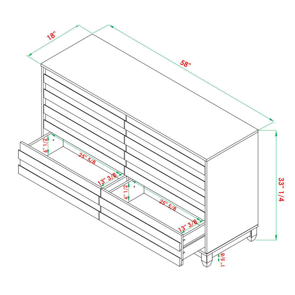 Modern Grooved Panel 6 Drawer Wood Dresser "“ Black