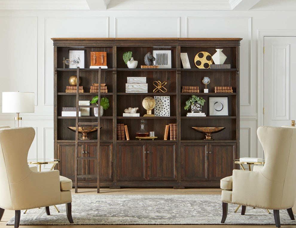 Executive Bookcase Wall With Wood Ladder, Fully Assembled, Brown