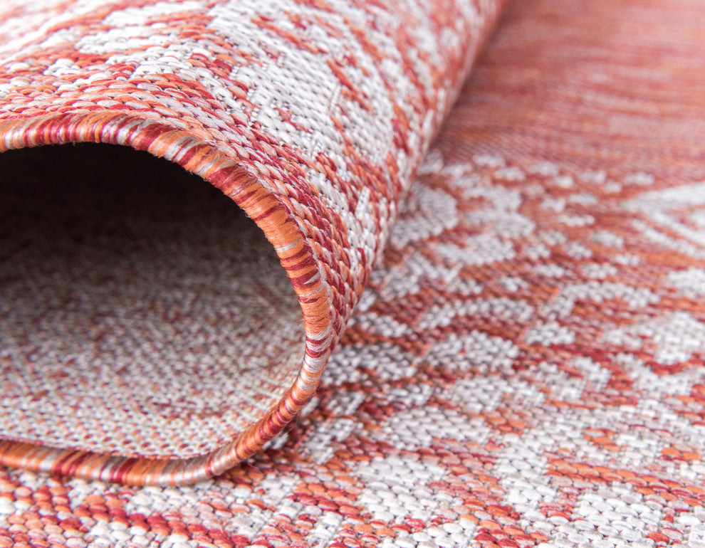Unique Loom Aqua Blue Floral Border Outdoor Area Rug, Rust Red, Gray, 4'' X 4''