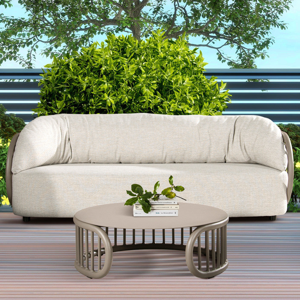 Harper 34.5" Aluminum Barrel Outdoor Patio Round Coffee Table, Geige Taupe