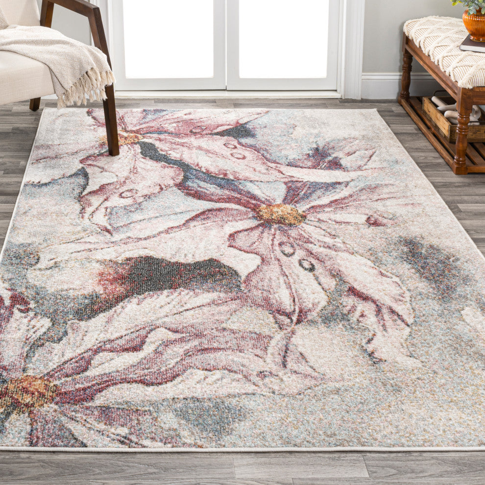 Pastello Modern Abstract Muted Flowers Area Rug, Pink/Gray, 3x5
