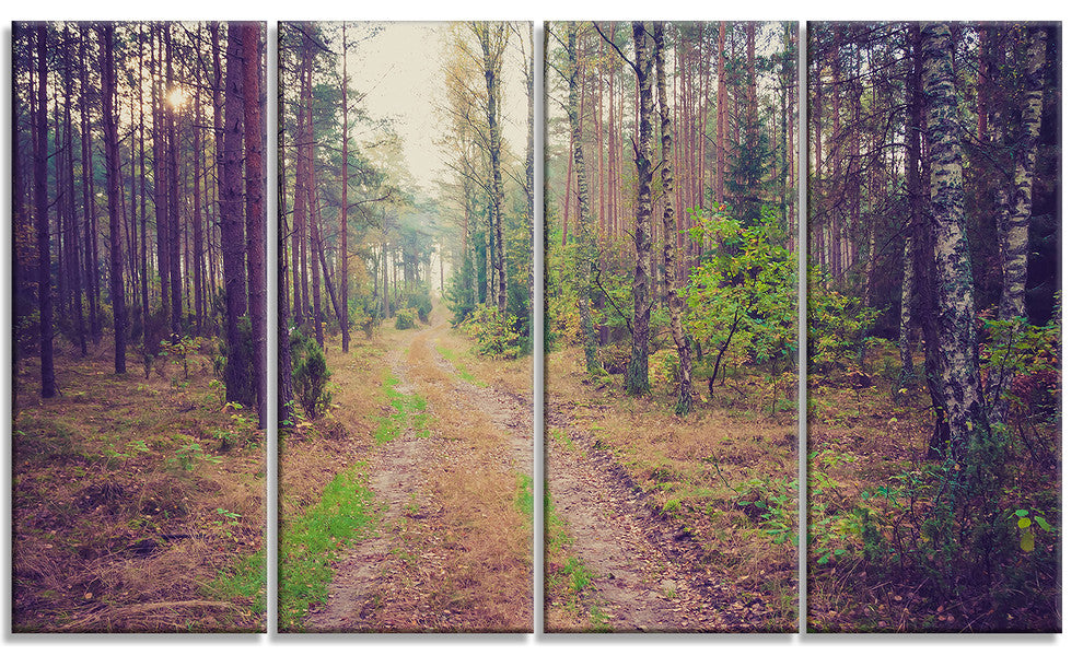 Straight Pathway in Thick Forest, Modern Forest Canvas Art, 48"x28", 4 Panels