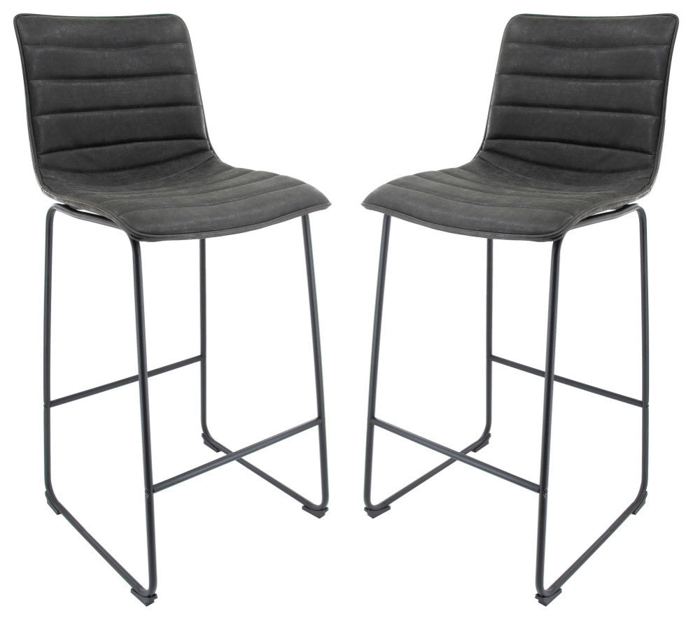 LeisureMod Brooklyn Modern Leather Bar Stool Set of 2, Charcoal Black