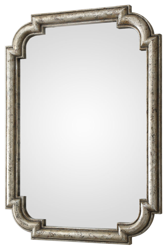 Distressed Silver Art Deco Shaped Wall Mirror, 45" Vanity Wood Gold Classic