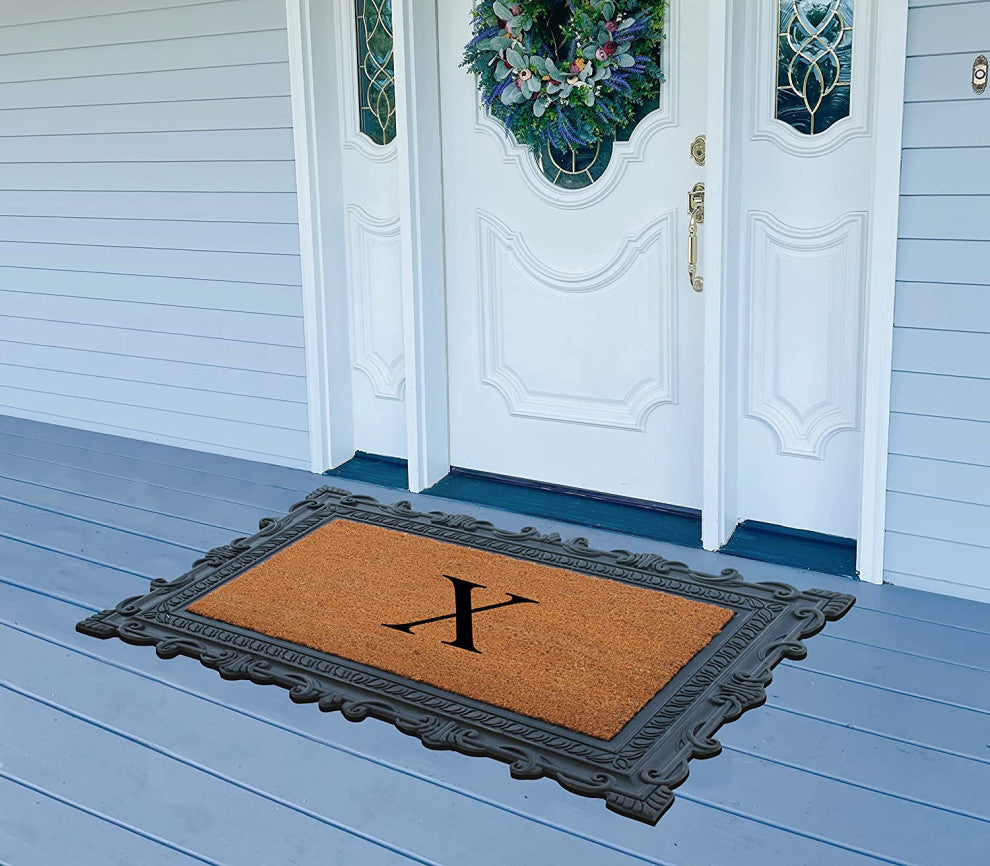 Carson Black/Beige Rubber And Coir 24"x36", Monogrammed Doormat, X