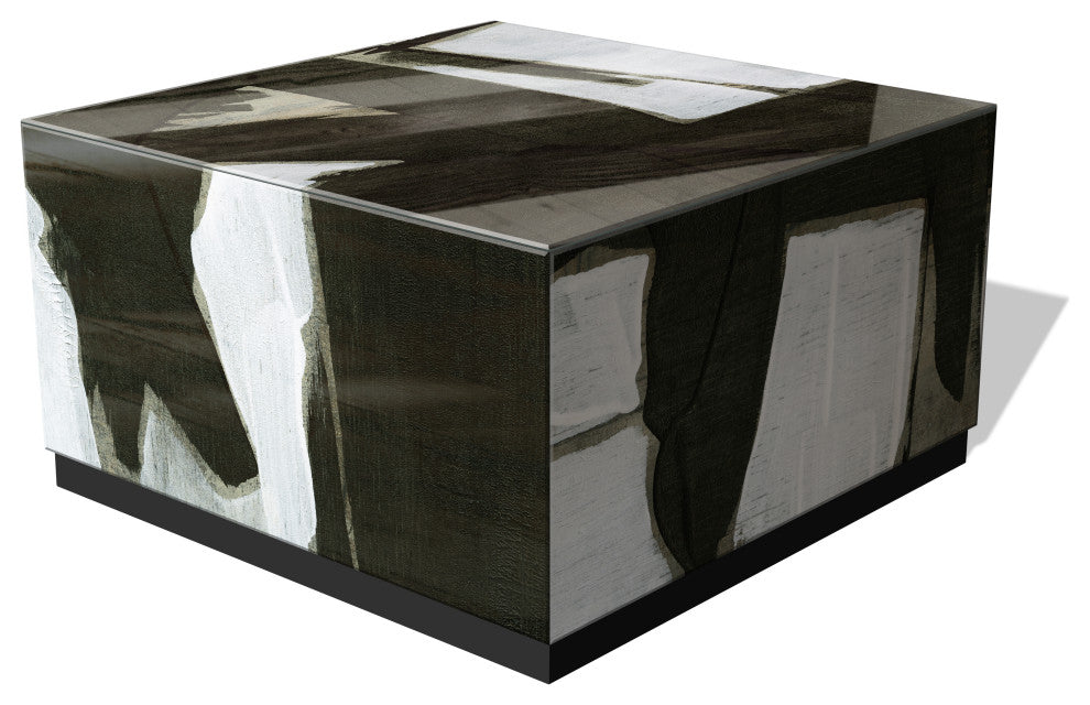 "Ode an Kline III" Reverse Printed Glass Cocktail Table with Black Plinth Base