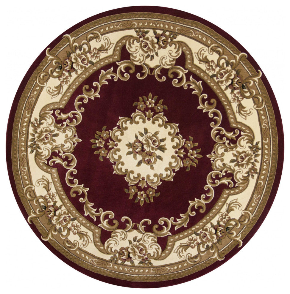 HomeRoots 7' Round Red or Ivory Floral Bordered Indoor Area Rug
