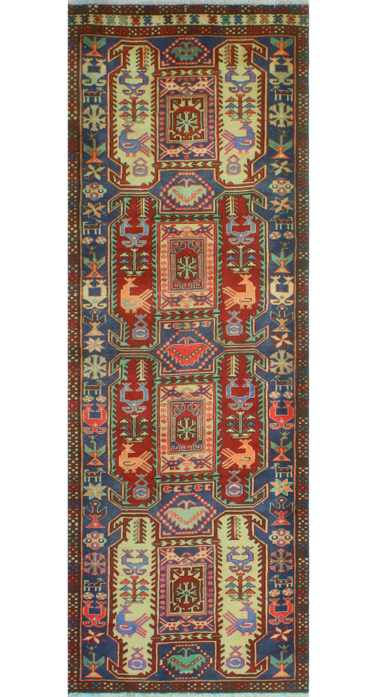 Fine Vintage Distressed Rosalee Blue/Red Runner, 3'4x10'2