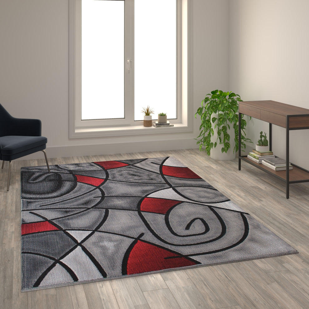 Angie Collection Rectangle 6' x 9' Abstract Area Rug, Red
