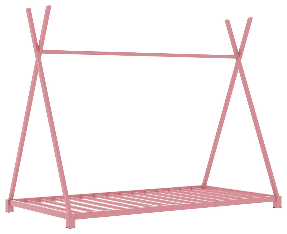 Metal Twin Size House Platform Bed with Triangle Structure, Pink