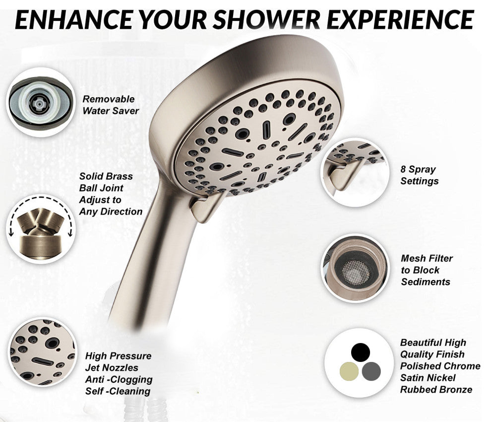 MODONA's 6 Function DUAL Massage Shower Head and Hand Shower, Satin Nickel